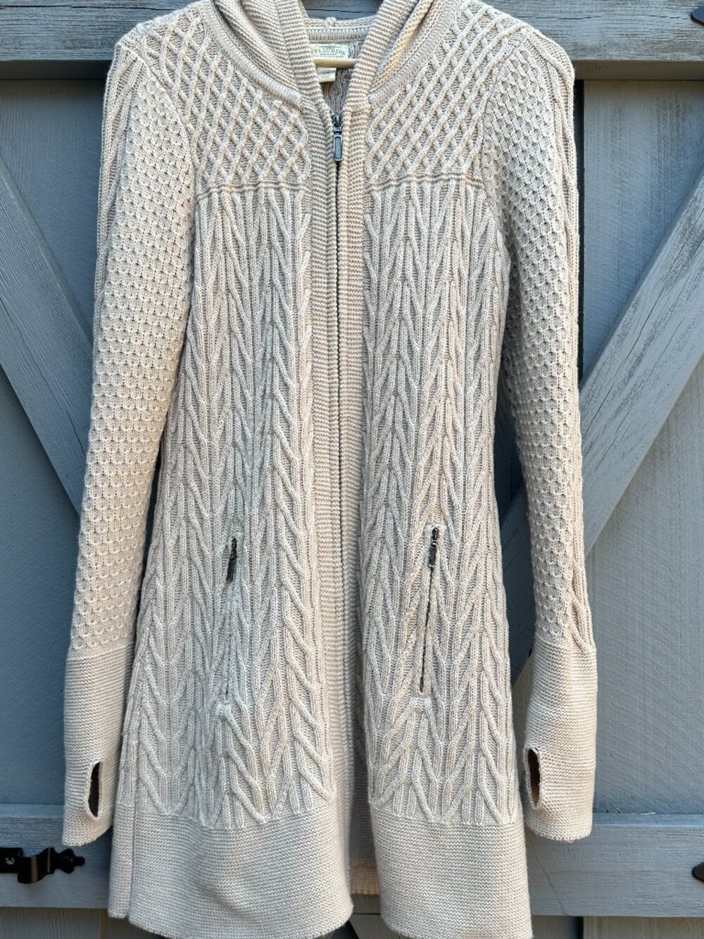 Weatherproof Women's Hooded Cable Knit Zip Cardigan Sweater M Beige